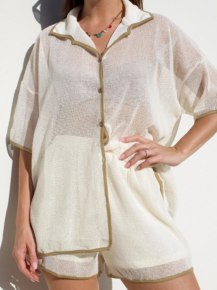Conjunto de dos piezas de top y pantalones cortos de manga larga con solapa y perspectiva informal para mujer