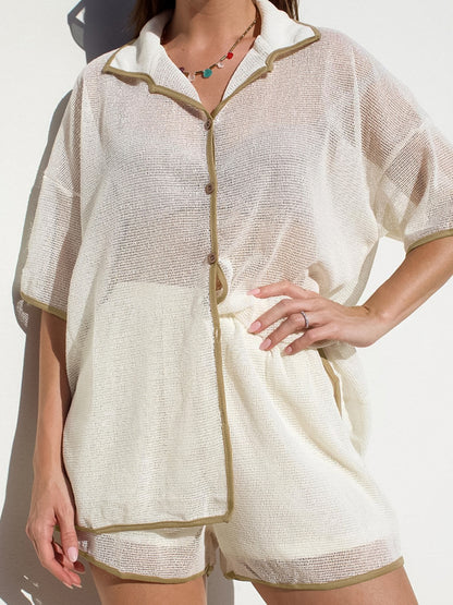 Conjunto de dos piezas de top y pantalones cortos de manga larga con solapa y perspectiva informal para mujer