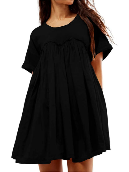Women Pleated Large Swing Loose Short-Sleeved Casual Loose Dress