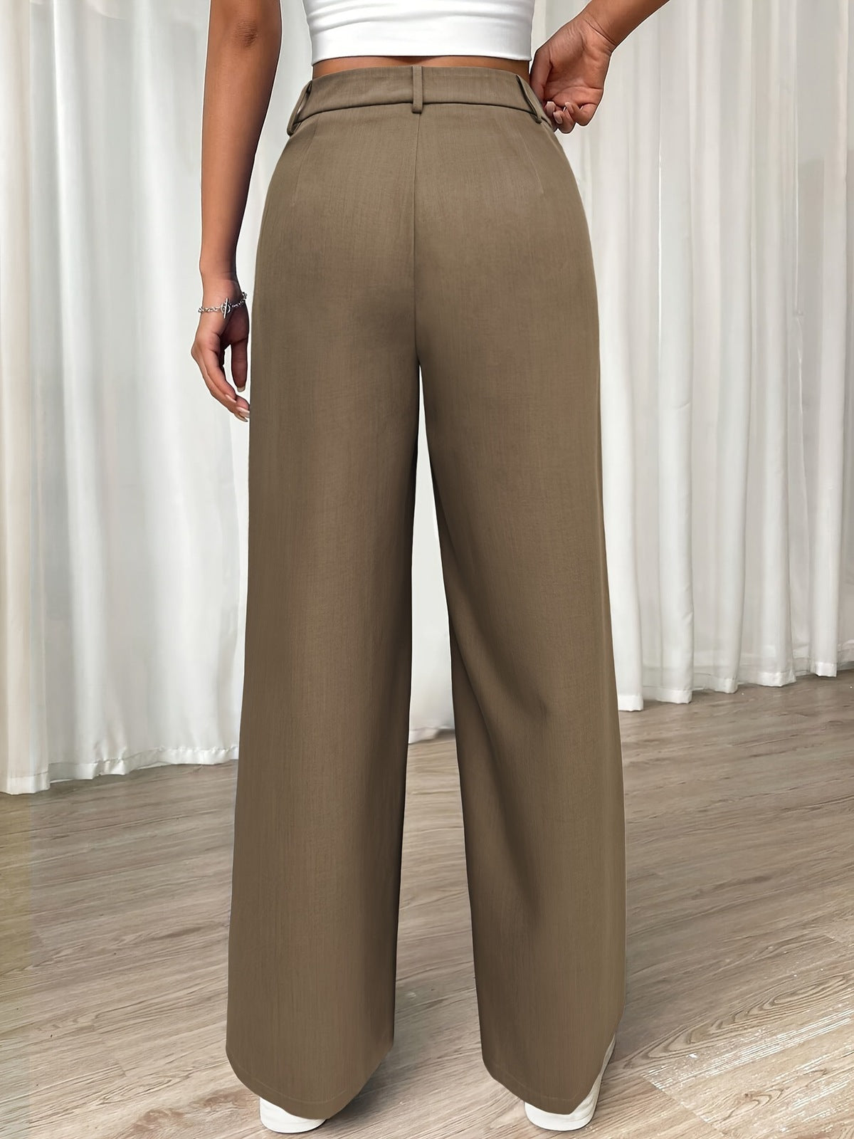 Women Fashion Casual Loose Button High Waist Straight Pants