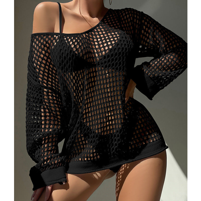 Traje de baño de punto holgado con cuello redondo y aberturas grandes para playa y vacaciones para mujer