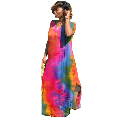 Women Casual Short Sleeves Tie Dye Fashion V Neck Loose Side-slit Maxi Dress