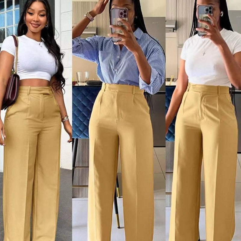 Women Fashion Casual Solid Color High Waist Wide Leg Pants