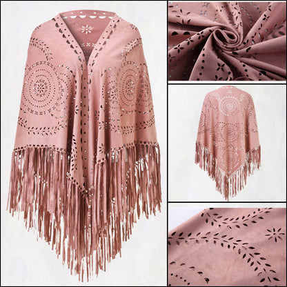 Abrigo chal con borlas huecas de ante de color liso informal a la moda para mujer