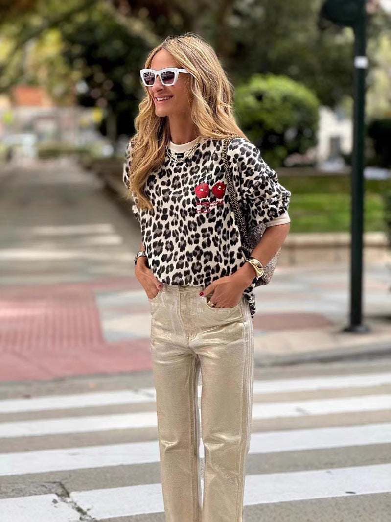 Women Fashion Casual Retro Leopard Printed Long Sleeve Sweatshirt