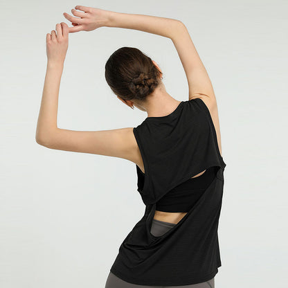 Women Casual Loose Solid Color Round Neck Sleeveless Back Cut Out Sports Tank Top