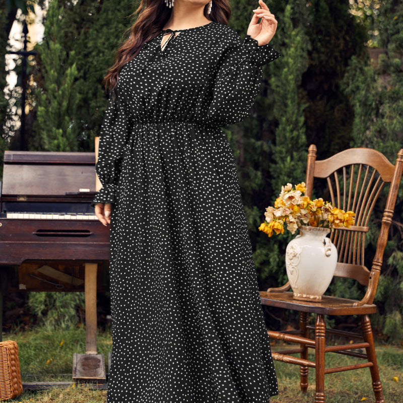 Women Fashion Casual Plus Size Polka Dot Print Long Sleeve Dress
