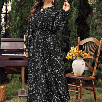 Women Fashion Casual Plus Size Polka Dot Print Long Sleeve Dress