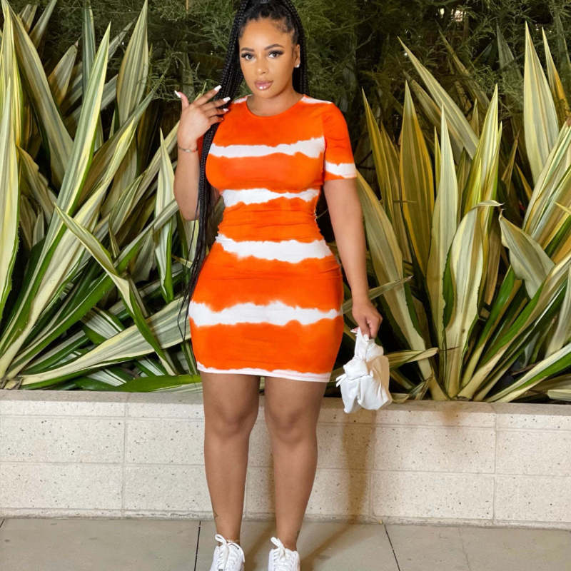 Women Fashion Casual Stripe Print Short Sleeve Tight Dress