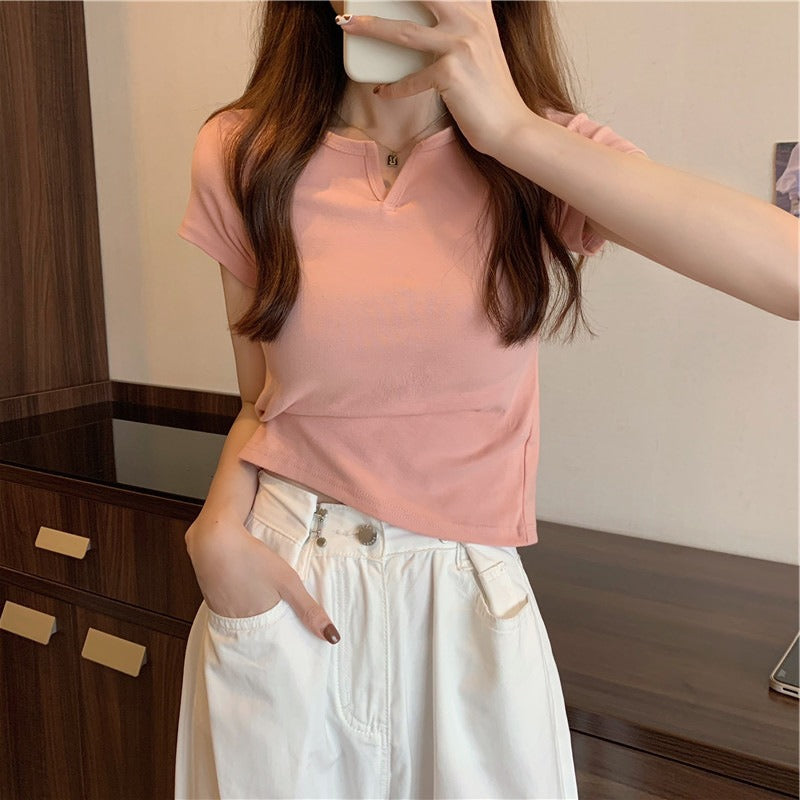 Women Casual Solid Color Short Sleeve Cropped Top Tee