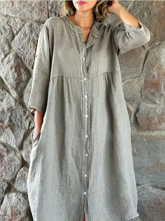 Casual Women Cotton Linen Solid Color Button Shirt Dress