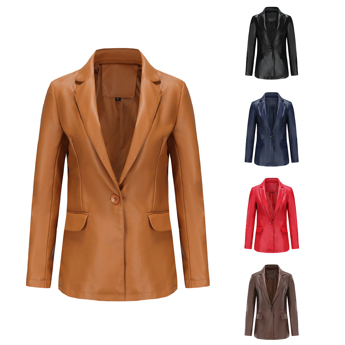 Chaqueta blazer informal de PU de manga larga con solapa de color sólido para mujer
