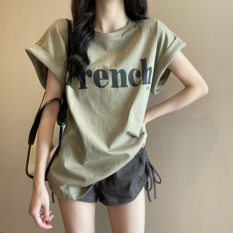 Camiseta informal de manga corta con cuello redondo y estampado del alfabeto para mujer