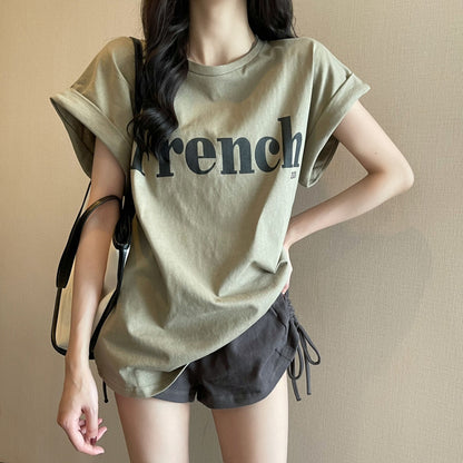 Camiseta informal de manga corta con cuello redondo y estampado del alfabeto para mujer