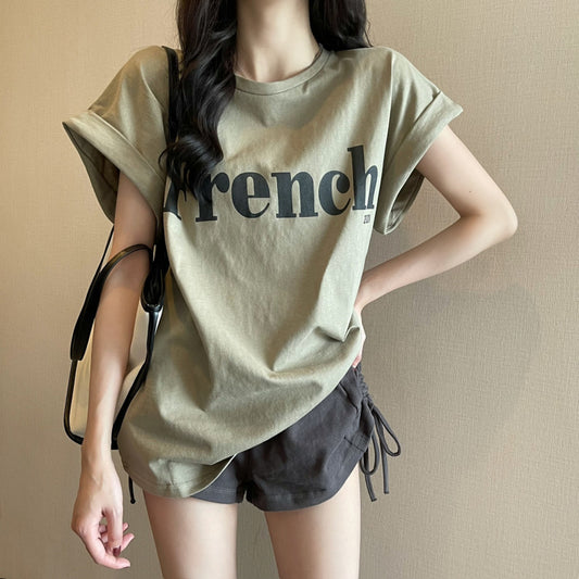 Camiseta informal de manga corta con cuello redondo y estampado del alfabeto para mujer