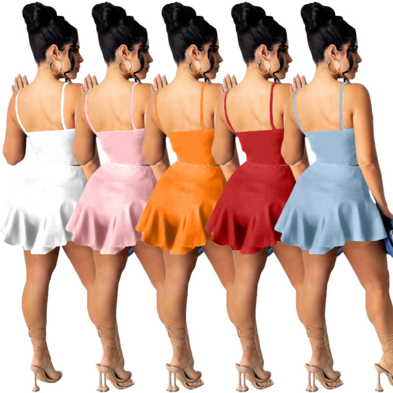 Women Casual Solid Color Slim Fit Vest Top And Ruffle Shorts Two Pieces Suit
