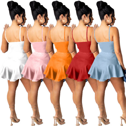 Women Casual Solid Color Slim Fit Vest Top And Ruffle Shorts Two Pieces Suit