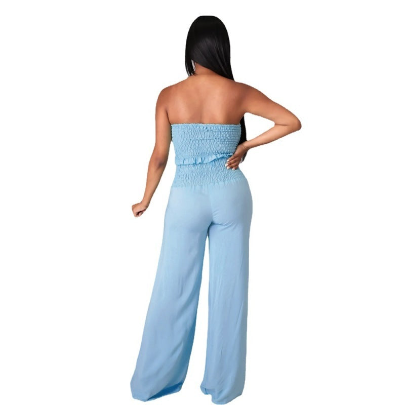 Conjunto de dos piezas para mujer, informal, elegante, de color liso, con top de tubo y pantalones holgados