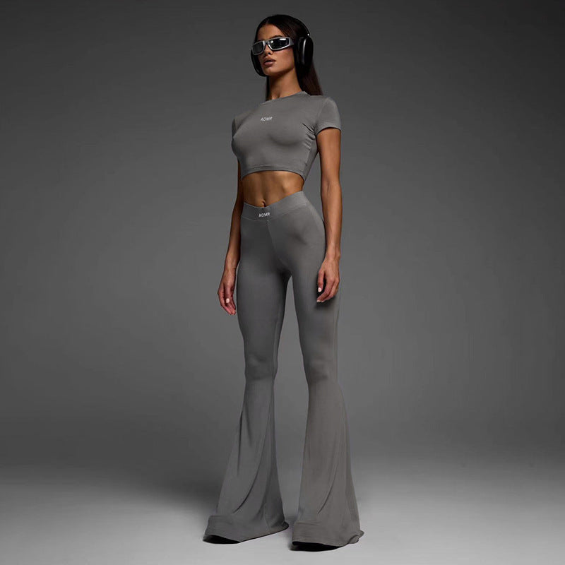 Conjunto de dos piezas de top y pantalón de manga corta de color liso informal para mujer