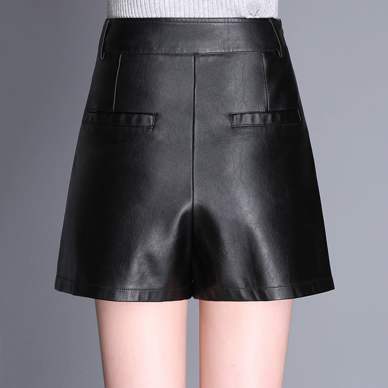 Women PU Leather Solid Color High Waist Fashion Casual Pleated Skirt