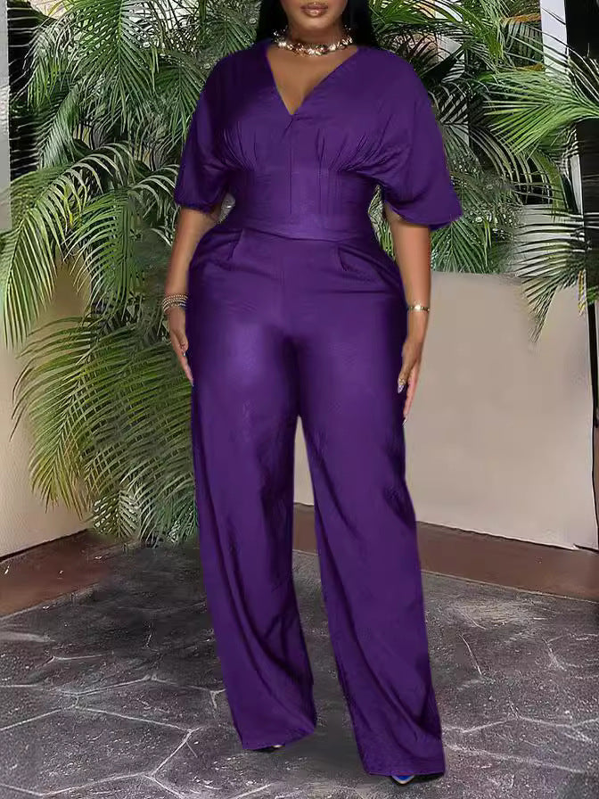 Women Casual Loose Solid Color V-Neck Short-Sleeve Jumpsuits
