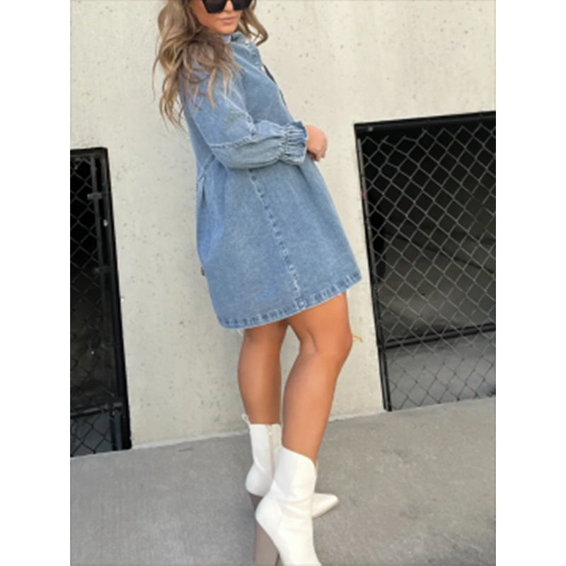 Fashion Casual Women Puff Sleeve Loose Lapel Denim Dress