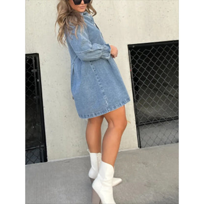 Fashion Casual Women Puff Sleeve Loose Lapel Denim Dress