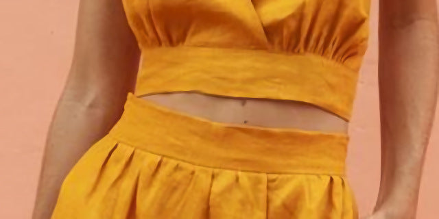 Conjunto de dos piezas formado por top corto y pantalón ancho de cintura alta y escote en V, color liso, para mujer, informal, de verano y vacaciones