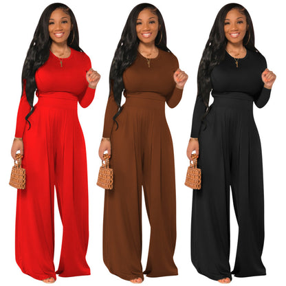 Conjunto de dos piezas de top de manga larga y pierna ancha informal de color liso para mujer