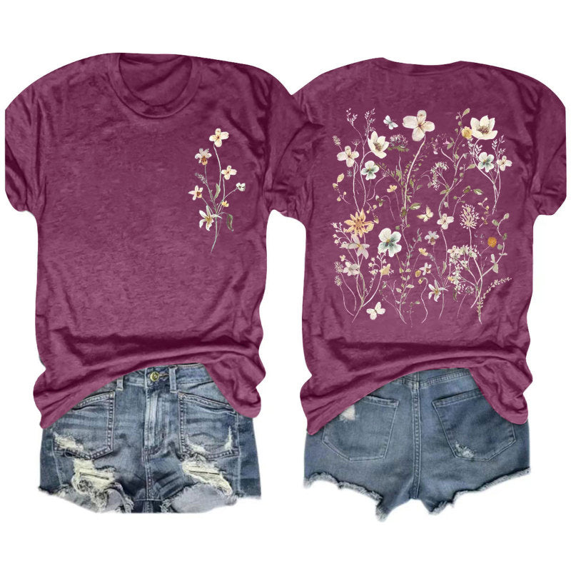 Camiseta informal de manga corta con cuello redondo y estampado floral para mujer