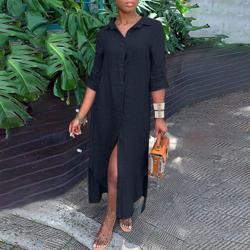 Summer Women Casual Breathable Cotton Linen Shirt Collar Button-Up Dress