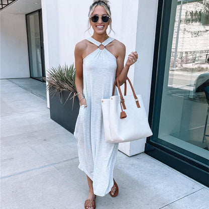 Spring And Summer Strapless Casual Comfortable Halter Neck Long Pocket Dress