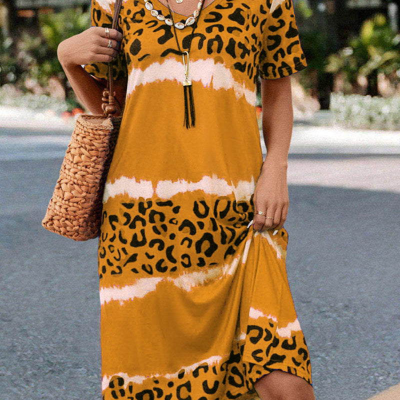 Vestido holgado informal de manga corta con cuello en V y estampado de leopardo para mujer