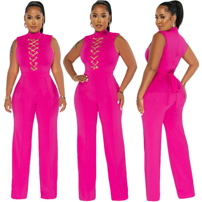 Women Solid Color High Waist Casual Wide Leg Jumpsuit