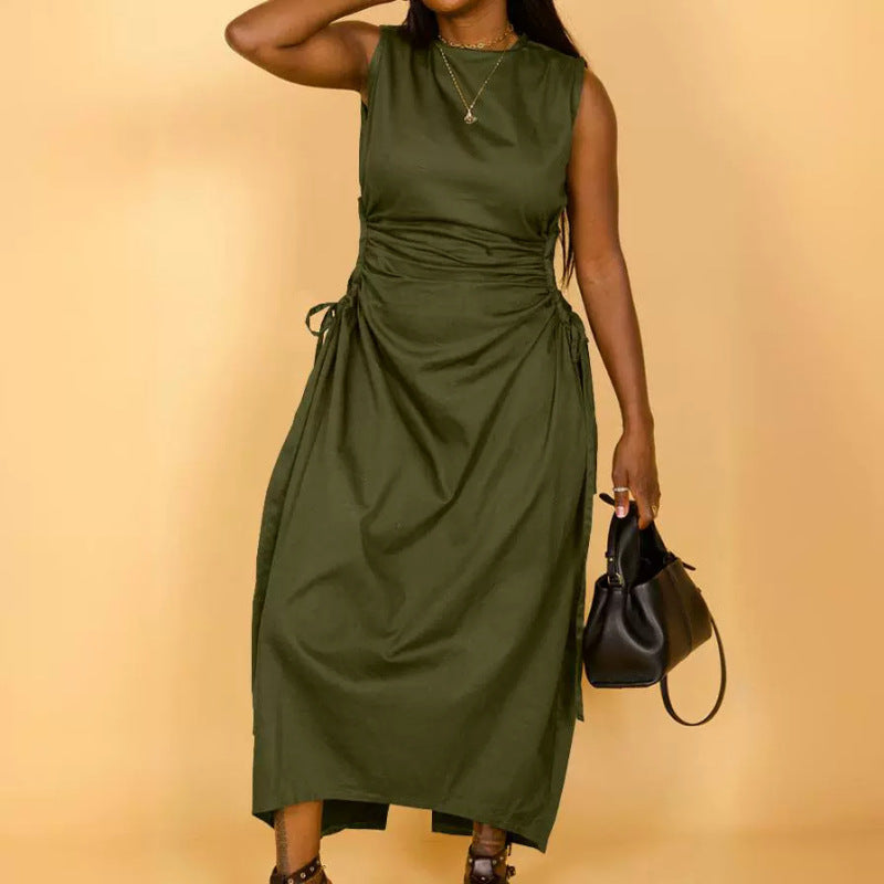 Vestido largo informal de nailon calado sin mangas de color liso para mujer, talla grande