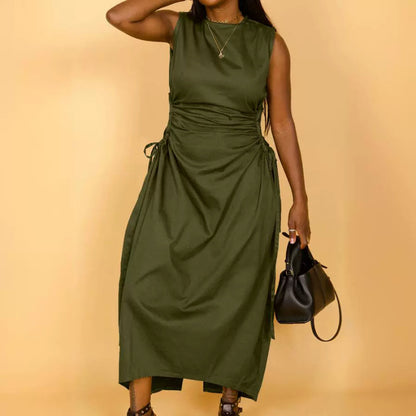 Vestido largo informal de nailon calado sin mangas de color liso para mujer, talla grande