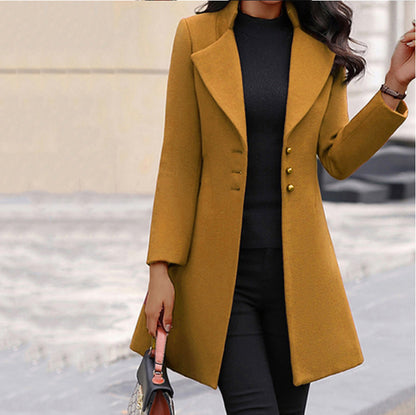 Autumn Winter Women Fashion Casual Solid Color Lapel Woolen Mid-Length Long Sleeve Blazers