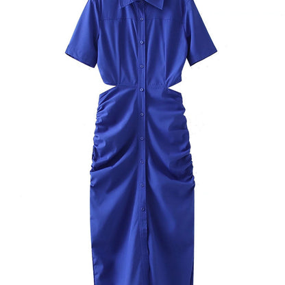 Women Casual Solid Color Back Hollow Short-Sleeved Buttoned Shirt Dress