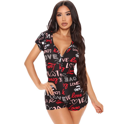 Women Fashion Casual Print V-Neck Short-Sleeve Rompers