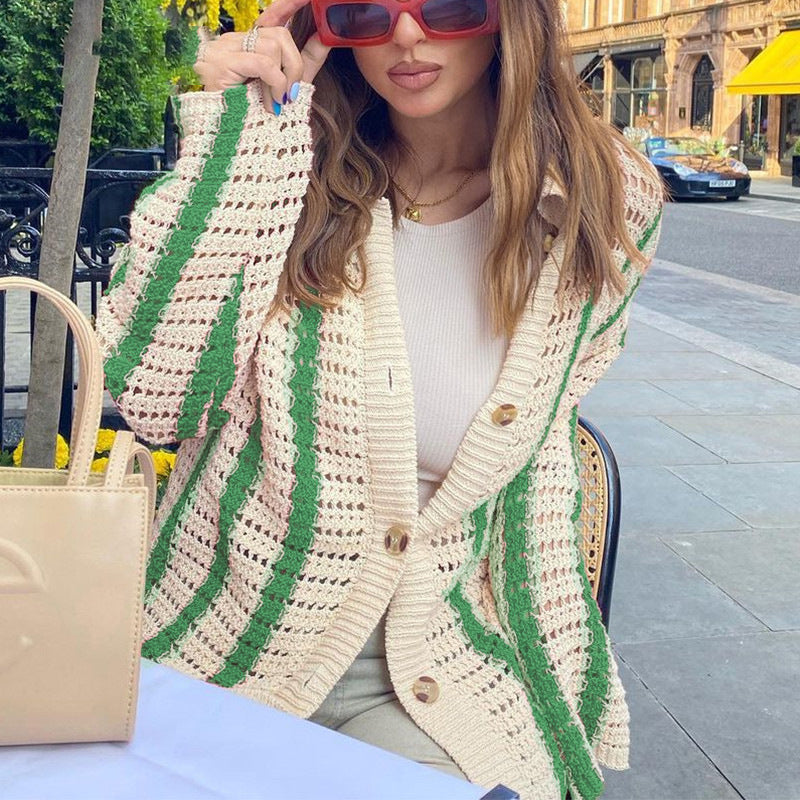 Women Sweet Casual Stripe Hollow Knitted Cardigan Jacket Top And Shorts Two Pieces Set