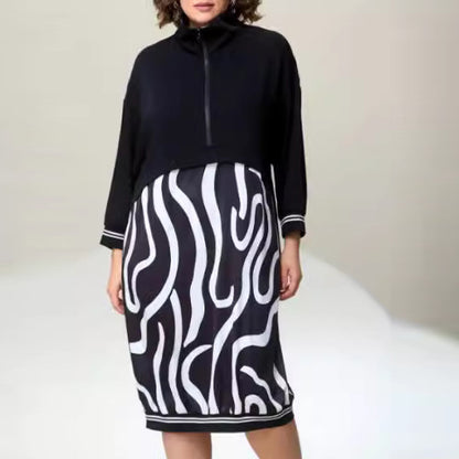 Vestido informal de manga larga con cremallera y estampado geométrico de talla grande para mujer