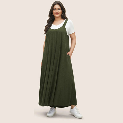 Summer Women Loose Plus Size Solod Color Sleeveless Casual Jumpsuits