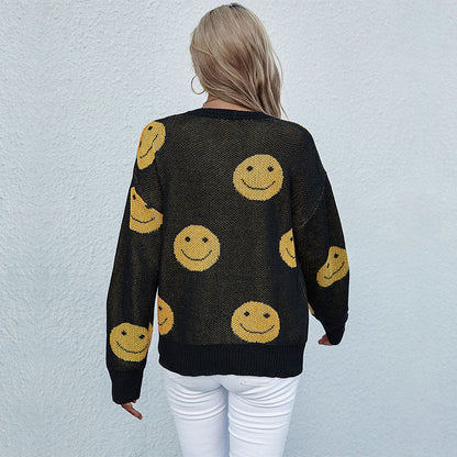 Top de punto de manga larga con cuello redondo y sonrisas informal para mujer