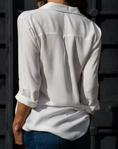 Blusa informal básica de gasa con botones y manga larga para mujer