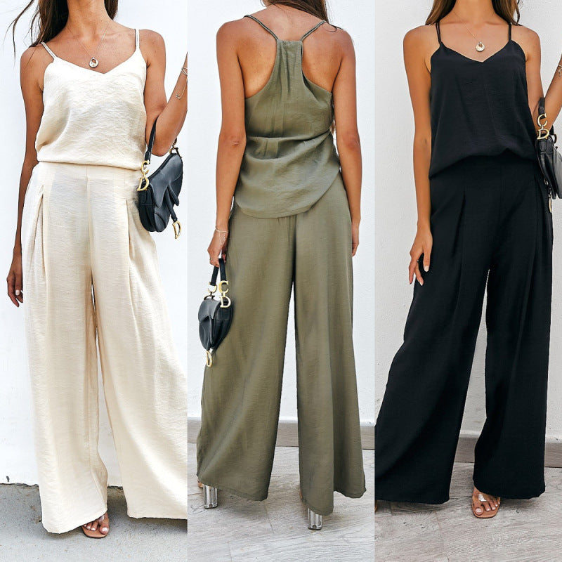 Conjunto informal de dos piezas para mujer: top con tirantes de color liso y pantalones anchos