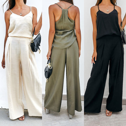Conjunto informal de dos piezas para mujer: top con tirantes de color liso y pantalones anchos