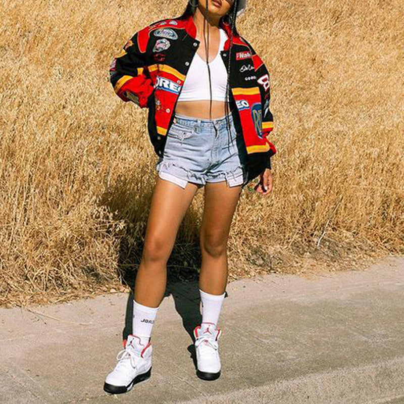 Women Fashion Casual Loose Letter Colorblock Print Long Sleeve Baseball Jacket