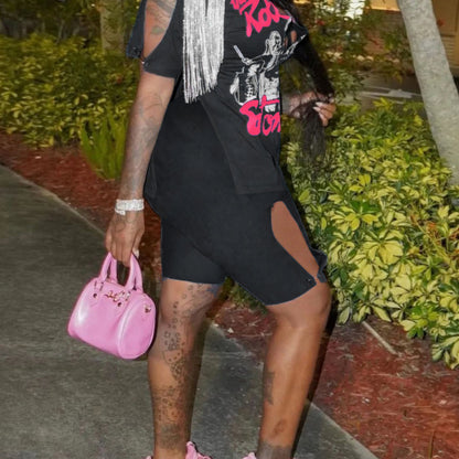 Plus Size Women Casual Short Sleeves Top And Shorts Fringed Print Two-Piece Set