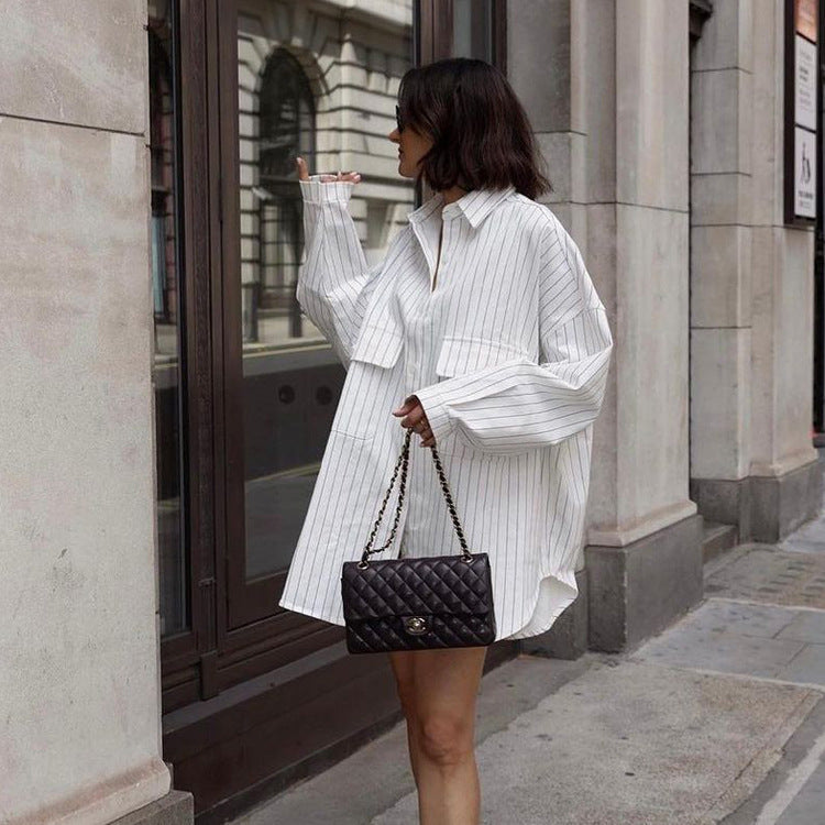 Camisa informal de manga larga a rayas con solapa para mujer