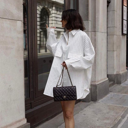 Camisa informal de manga larga a rayas con solapa para mujer